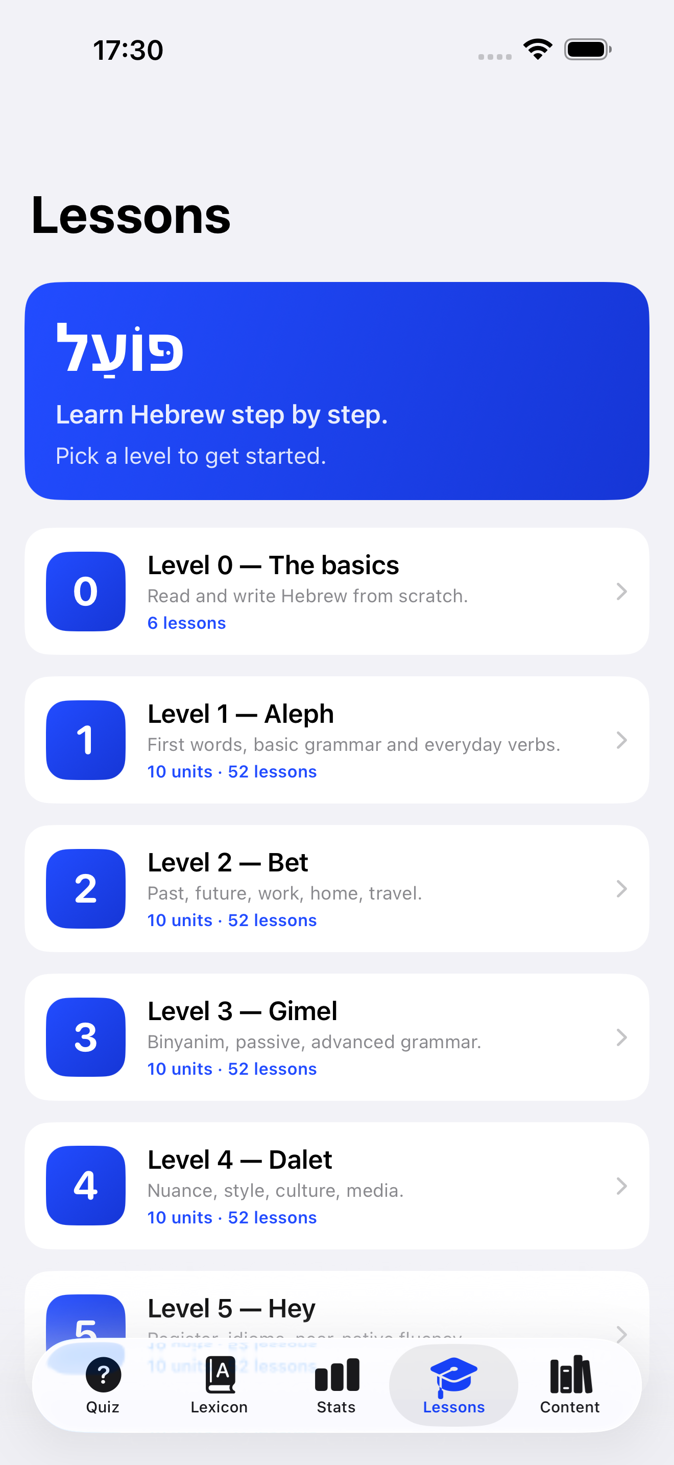 Six levels, from the alphabet to fluency