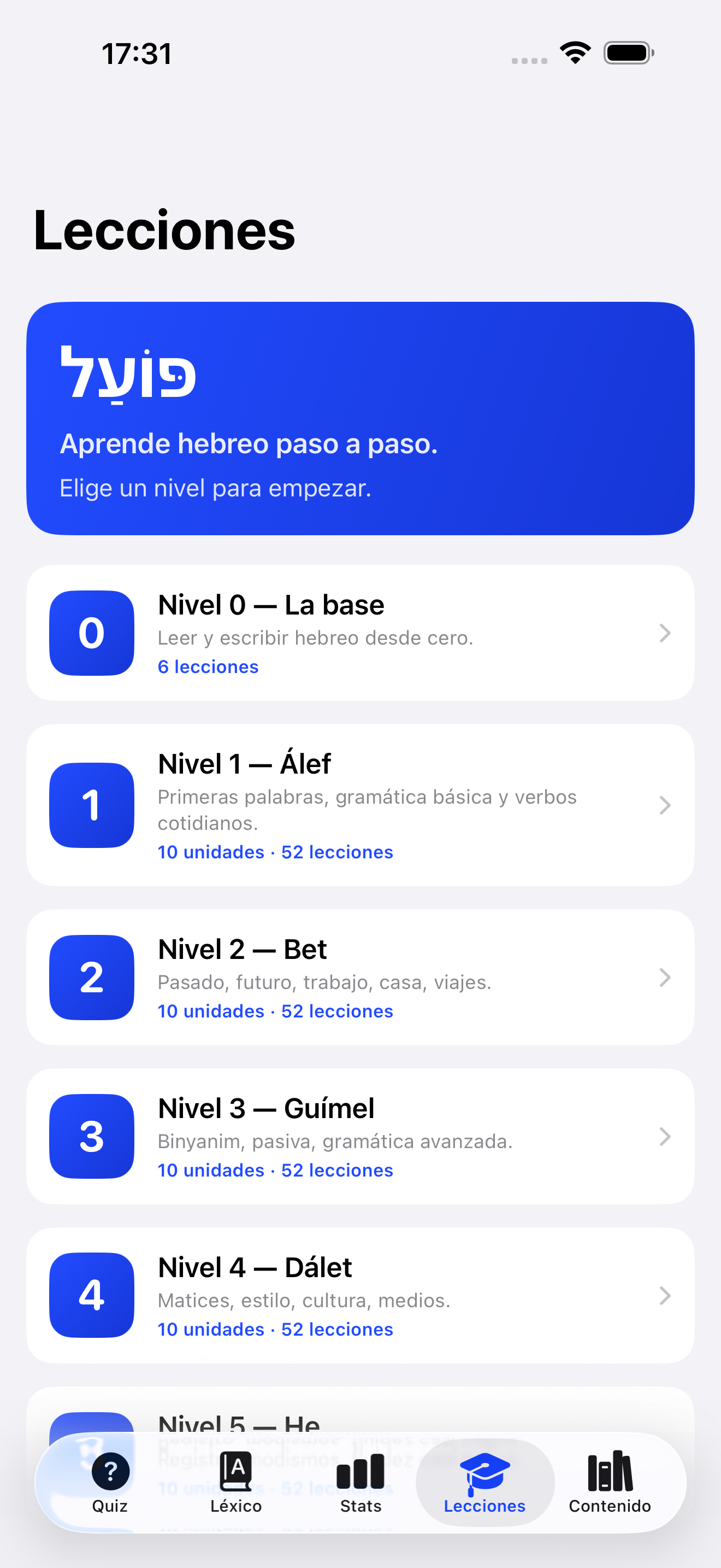 Seis niveles, del alfabeto a la soltura