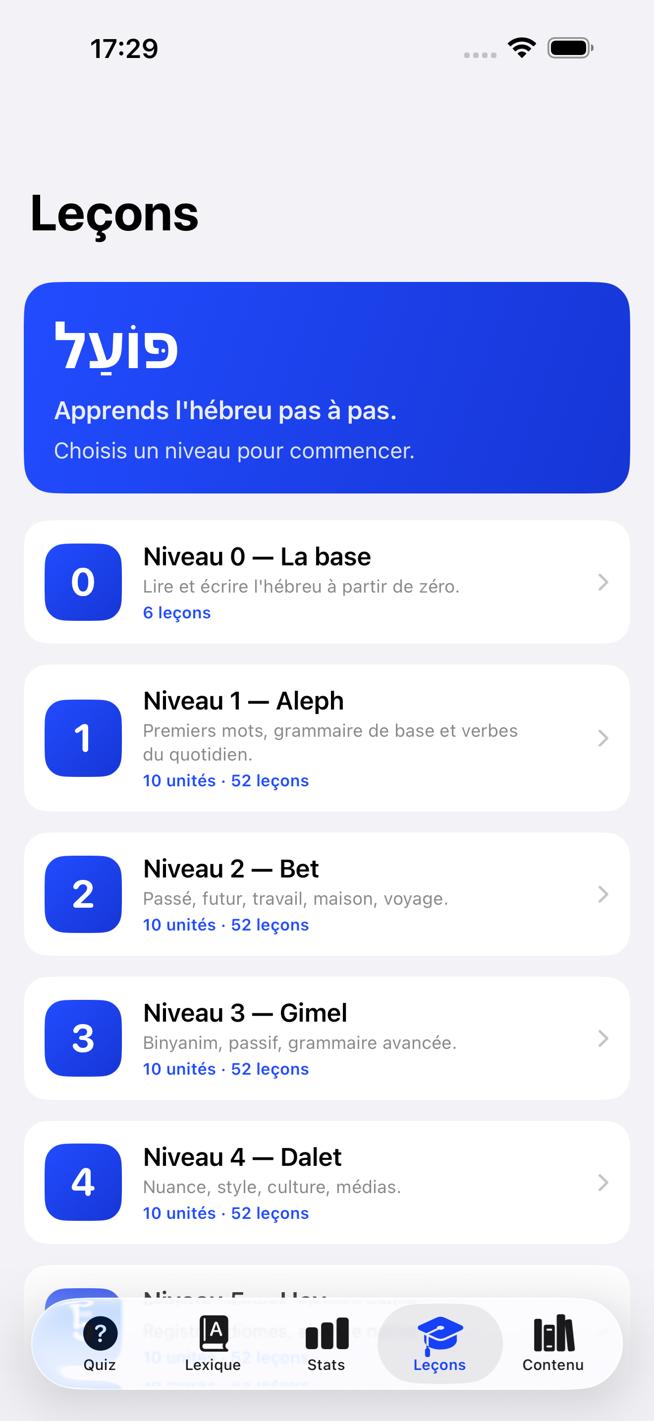 Six niveaux, de l'alphabet à l'aisance